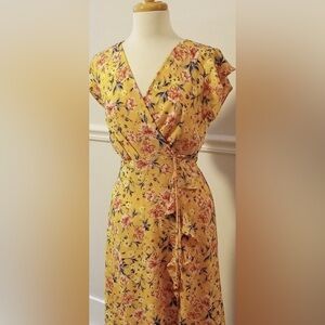 Yellow Floral Wrap midi Dress